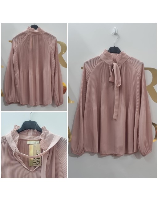 Blouse unie plissée rose poudré