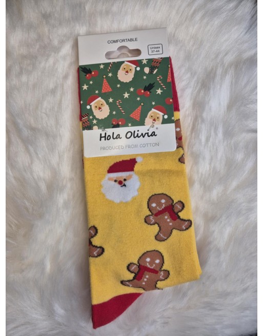 Chaussette hola Olivia jaune pere noel et petit biscuit